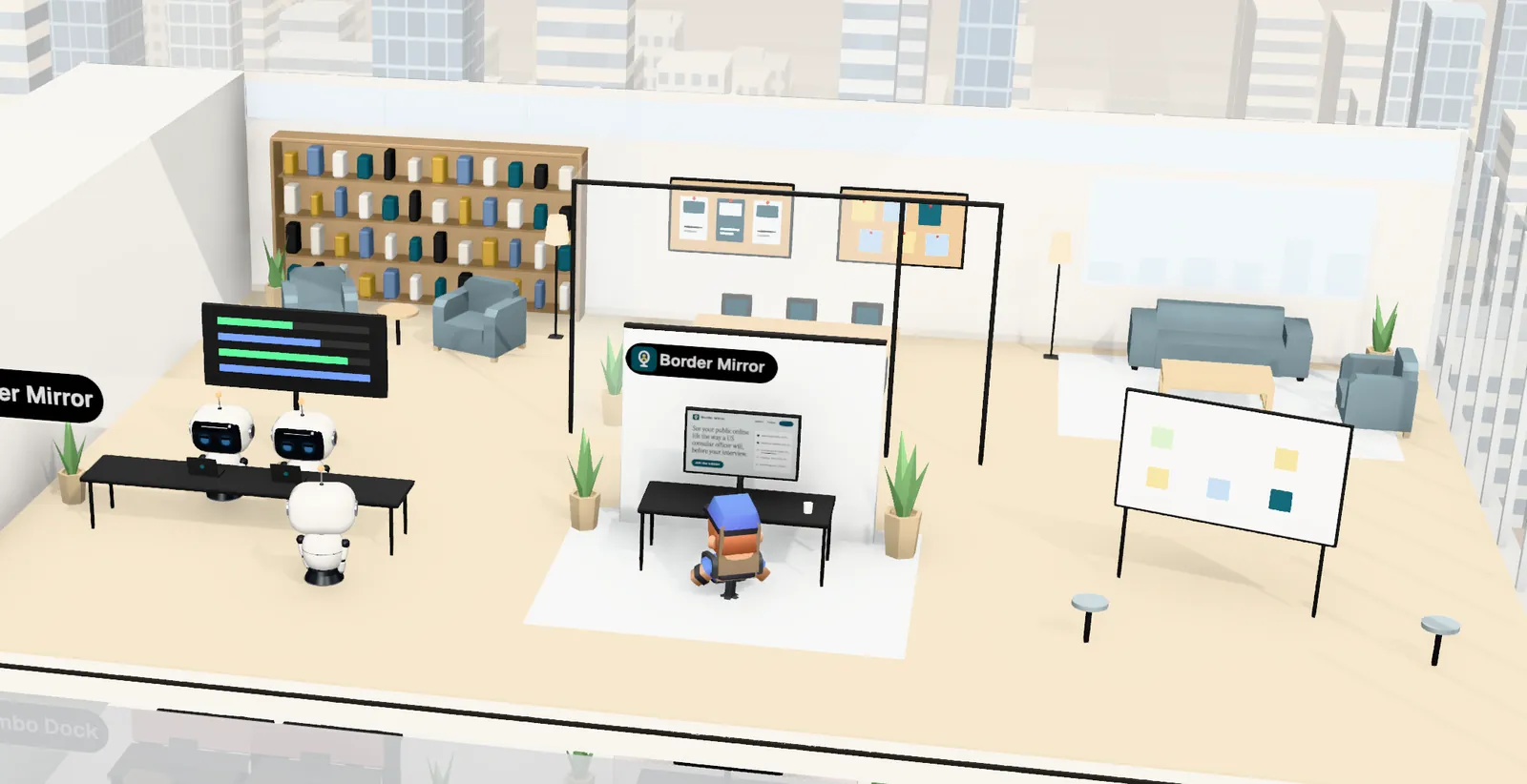 Border Mirror’s office on floor 29 of Tower 1: the owner’s desk with the website on screen, the agents’ bench, a meeting room and a library